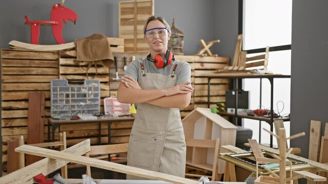 Confident woman wearing safety glasses and headphones stands with arms crossed in a well-equipped carpentry workshop.