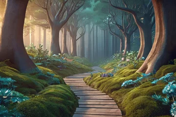 Foto op Plexiglas Discover a surreal pathway to a mystical forest in this stunning 3D illustration of a fantasy landscape © Amila Vector