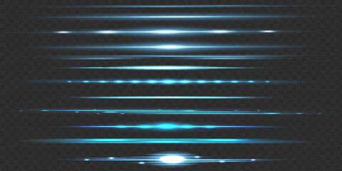 Red horizontal lens flares pack. Laser beams, horizontal light light flares. Glowing streaks on dark background. Luminous abstract sparkling lined background.