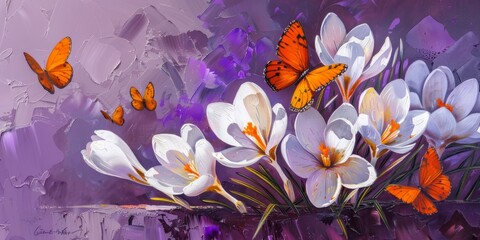 Delicate oil painting of wildflowers and orange butterflies, oil paint