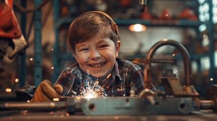 A young boy smiling in a workshop with sparks from metalworking equipment in the foreground, depicting a lively industrial environment.