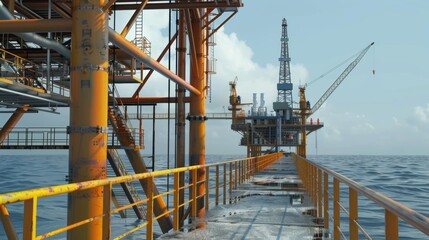 Oil and gas platform in the gulf or the sea, The world energy, Offshore oil and rig construction.Marine crew standing on supply vessel looking oil and gas platform