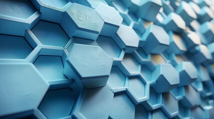 Obraz na płótnie Canvas Hexagonal blocks of blue, reminiscent of honeycomb, glisten with dewdrops, presenting a vibrant fusion of nature-inspired geometry and refreshing coolness.blue background