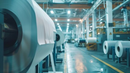 A paper mill factory floor with large rolls of paper and industrial machinery for production, with overhead lighting and pipes. - obrazy, fototapety, plakaty