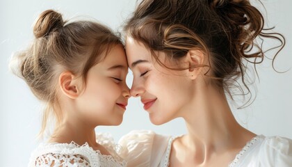 Happy mother's day, Child daughter congratulates mom and gives her flowers tulips. Mum and girl smiling and hugging. - obrazy, fototapety, plakaty