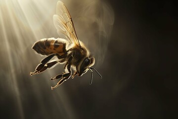 A portrait of a bee hovering in the air looking around for a place to find some nectar to collect and make honey. The insect is flying in front of a dark background. shadowy - Powered by Adobe