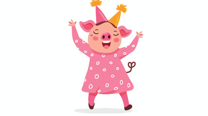 Kid girl in fancy dress of pink pig dancing and having