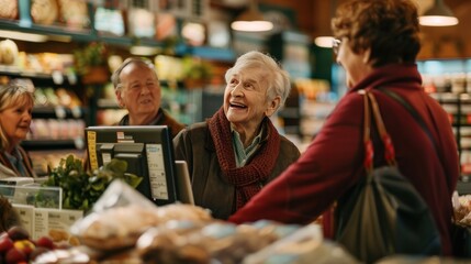 Elderly woman smiling joyfully during a conversation with friends at a grocery store, surrounded by fresh produce and baked goods. - obrazy, fototapety, plakaty