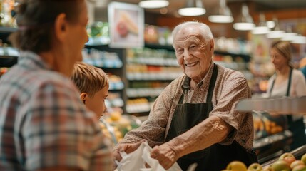 Elderly grocery store clerk smiling while serving a young customer and child in a vibrant supermarket produce section.