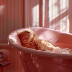 Sleeping cat in spa, Relaxation in the pink bathroom interior