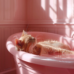 Sleeping cat in spa, Relaxation in the pink bathroom interior
