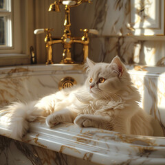 White cat in spa, Relaxation in the white marble bathroom, Baroque castle on the background.