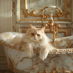 White cat in spa, Relaxation in the white marble bathroom, Baroque castle on the background.