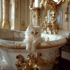 White cat in spa, Relaxation in the white marble bathroom, Baroque castle on the background.