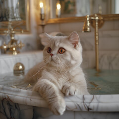 White cat in spa, Relaxation in the white marble bathroom, Baroque castle on the background.