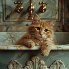 Ginger cat in spa, Relaxation in the bathroom, Baroque castle on the background, Green marble and gold interior.