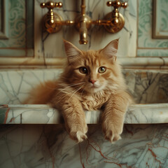 Ginger cat in spa, Relaxation in the bathroom, Baroque castle on the background, Green marble and gold interior.