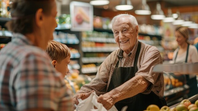 Elderly grocery store clerk smiling while serving a young customer and child in a vibrant supermarket produce section.