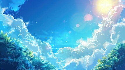 Obraz premium hot sparkle sun on blue cloudy sky background