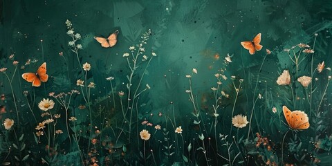 Exquisite green tones of wildflowers and orange butterflies in oil painting, oil paint