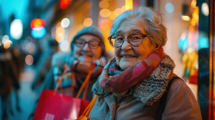 Obraz premium Elderly woman with glasses and a young woman smiling on a city street at dusk, both wearing scarves, with shopping bags.
