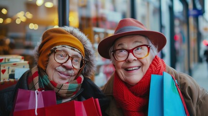 Fototapeta na wymiar Two elderly women with colorful hats and scarves smiling joyfully, holding shopping bags, with a blurred store background.