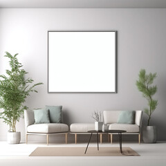 A blank frame for a large square mockup picture in a modern living room