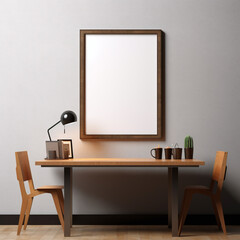 Mockup frame of a poster with wooden furniture in a living room