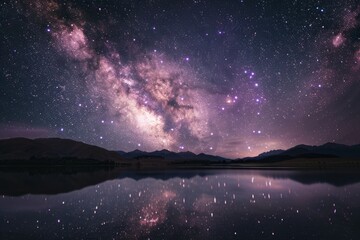 Milky Way Galaxy Arching Over a Serene Landscape, With Distant Mountains and a Tranquil Lake Reflecting the Starry Night Sky, Generative AI - obrazy, fototapety, plakaty