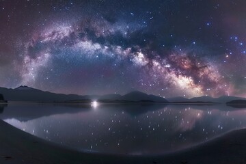 Milky Way Galaxy Arching Over a Serene Landscape, With Distant Mountains and a Tranquil Lake...