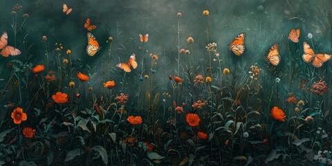 Exquisite green tones of wildflowers and orange butterflies in oil painting, oil paint