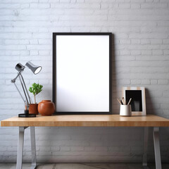 Mockup of an empty frame poster on a table top