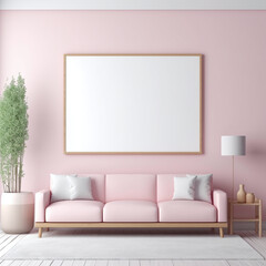 Mockup of large wall mounted in pink pastel interior room