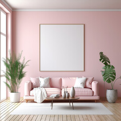 Mockup of a large wooden white frame in bright light pink living room interior
