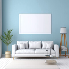 Mockup of blank frame in a modern light blue room with sofa