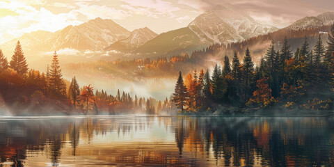 Beautiful lake in autumn forest on mountains background in foggy weather - Powered by Adobe