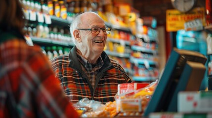 Elderly male cashier smiling while interacting with a customer at a grocery store checkout with produce on the conveyor belt.