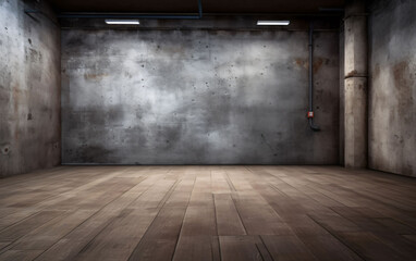 An empty room with a wooden floor and a concrete wall. Can be used to showcase or montage your products.