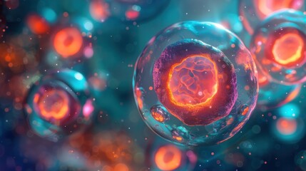 Digital illustration of vibrant, colorful cells or particles with nucleus-like structures suspended in a fluid, depicting a microscopic biological scene.