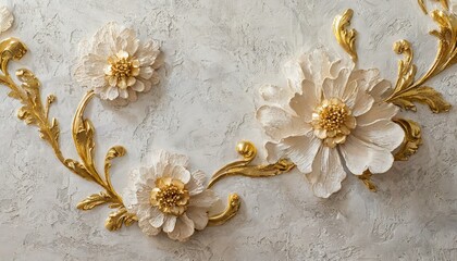 Fototapeta premium background with flowers ,flowers on the background decorative flowers and golden elements Light decorative texture of a plaster wall with voluminous pink 