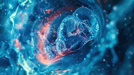 A digital conception of a human fetus surrounded by a fluid-like, abstract blue environment representing cellular or embryonic development. - obrazy, fototapety, plakaty