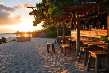 Bar in beach,  A beach shack bar at sunset, with a few tables on the sand, Ai generated