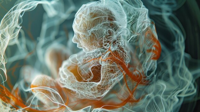 3D illustration depicting a fetal development stage surrounded by an abstract representation of the amniotic sac and fluid.
