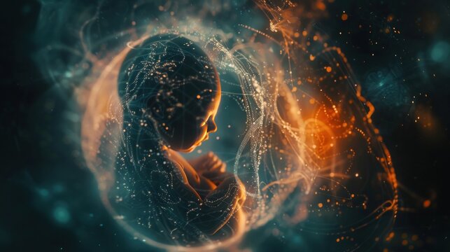 Digital art of a fetus in a cosmic setting, symbolizing the birth of a new life within the universe.