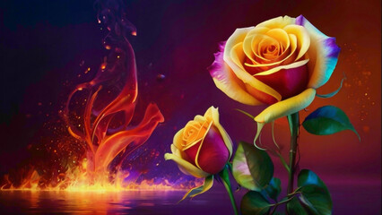 multicolor light color sepals rose background with little shade of the solid color with water drops lying on the background with space and a blaze of the fire on sepals  abstract gradient background  - obrazy, fototapety, plakaty