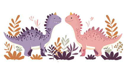 Lovely Dino couple walking together on white background