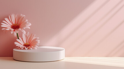 Podium white with flowers in vase on pink background with light on side