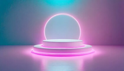 Sleek Spectacle: Futuristic Cyber Stage with Vibrant Neon Podium