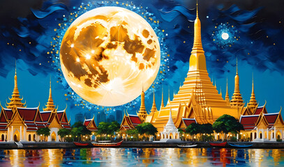Acrylic painting  Golden spires rise majestically against the clear blue sky of sparkling impasto oil pain color thai bangkok city with super moon spilling paints of various colors