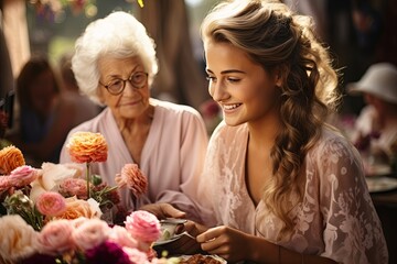 caring smiling young woman embracing happy senior middle aged mom having fun at home spending time together - Powered by Adobe
